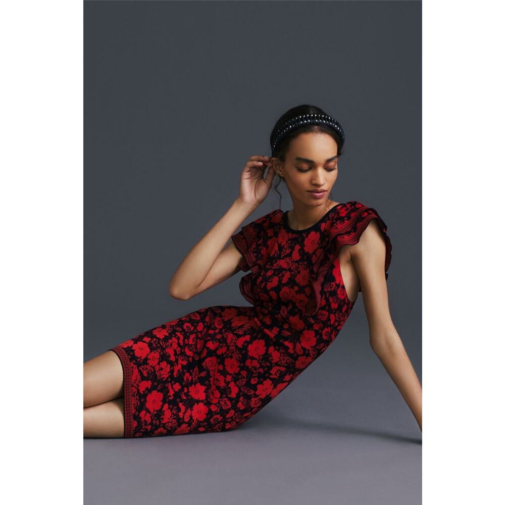Anthropologie Eva Franco Ruffled Floral Knit Mini Sweater Dress Red Size L‎
